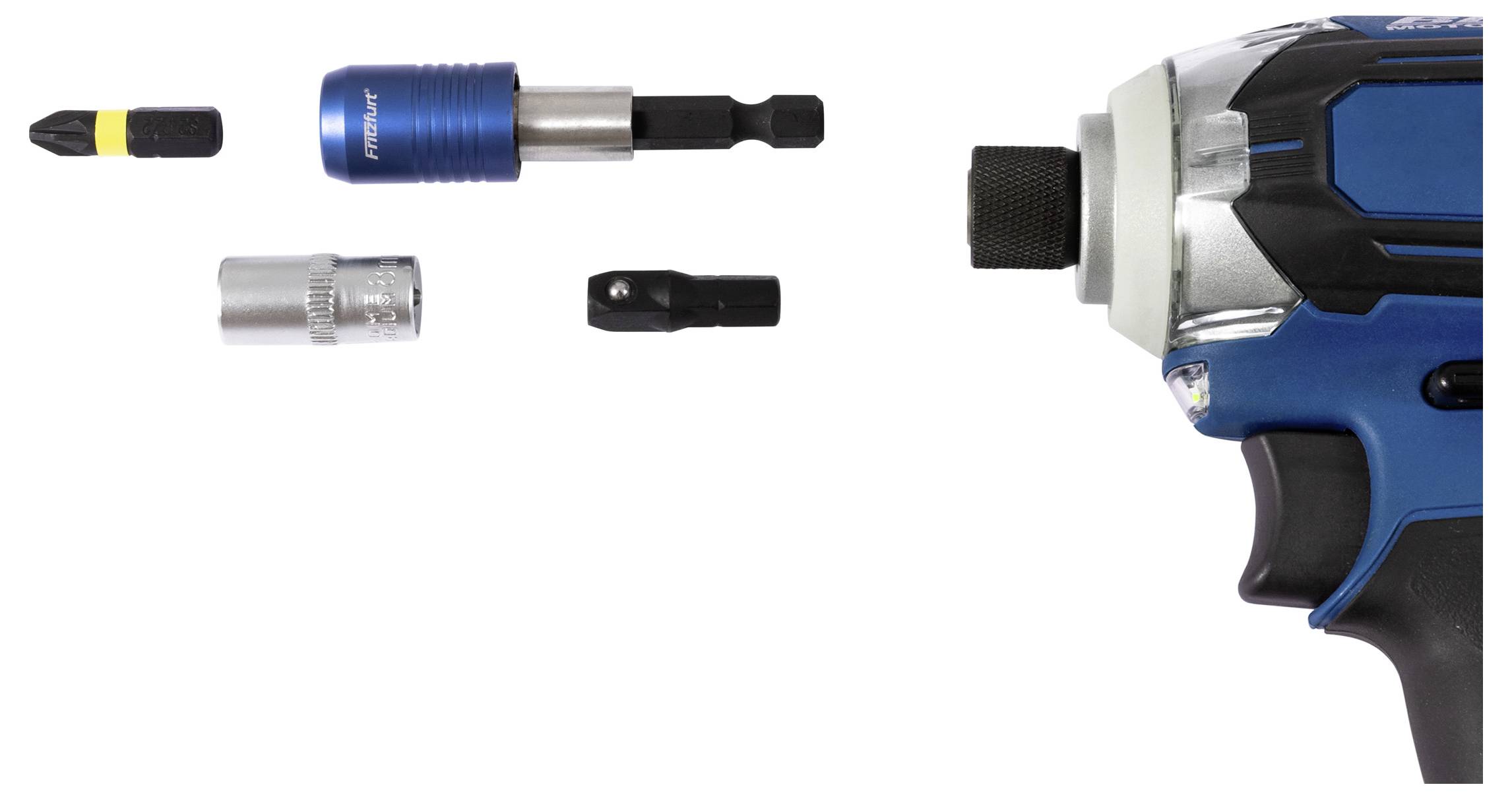 Ein elektrischer Schraubendreher mit auswechselbaren Bits und Einsätzen, die daneben ausgelegt sind und verschiedene Werkzeuganbindungen präsentieren.