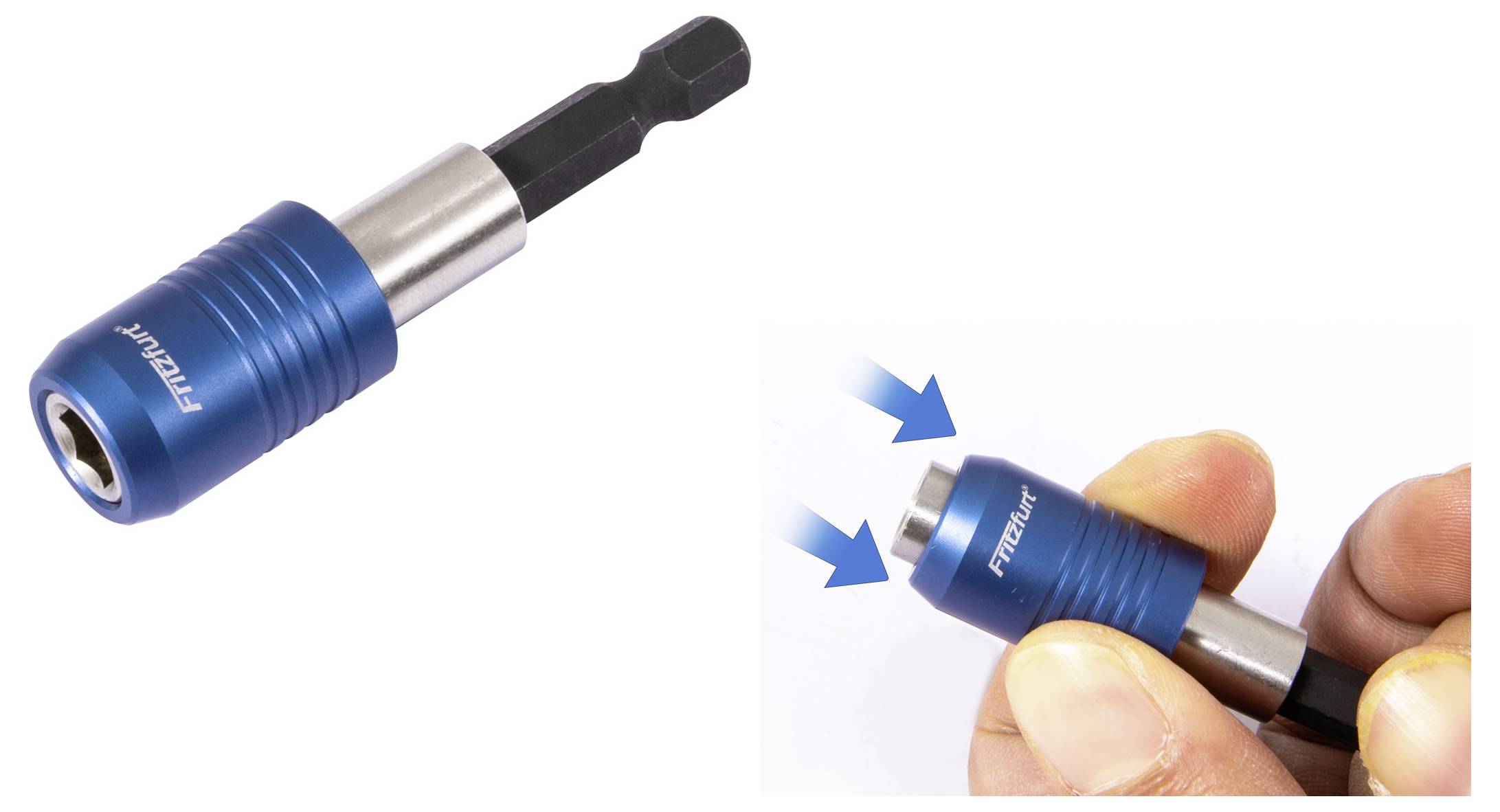 Ein blauer magnetischer Sechskant-Bithalter wird gezeigt. Eingesetztes Bild demonstriert Daumen und Zeigefinger, die den Kragen drücken, um einen Bit zu lösen oder zu verriegeln.