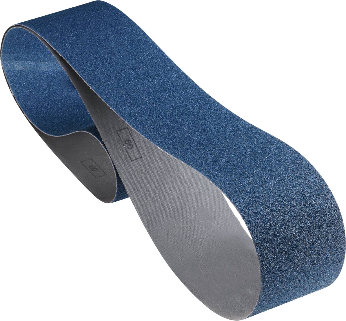 Ein blaues Schleifband, das in einer Schleife gelegt ist, zeigt die grobe Körnung für Schleifarbeiten an. Ideal für Bandschleifmaschinen.
