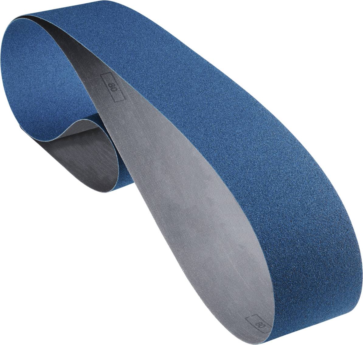 Blaues Schleifband in ovaler Form, geeignet für einen Bandschleifer, zeigt die raue, grobkörnige Schleifoberfläche.