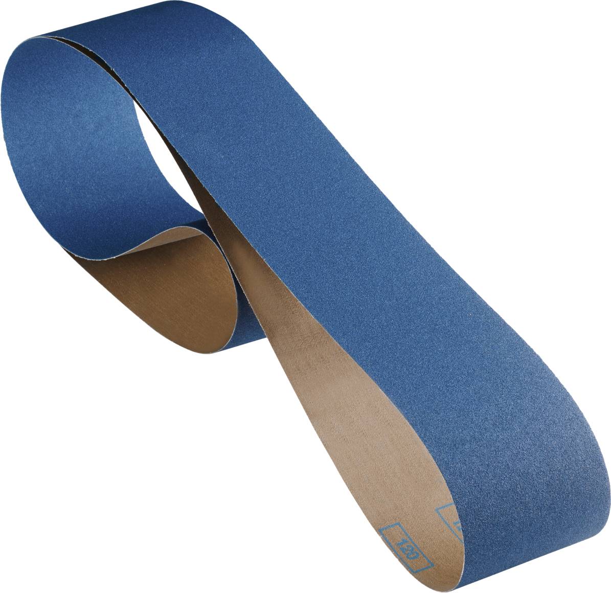 Blaues Schleifband mit brauner Rückseite, in einer Schleifenform angeordnet, geeignet für Bandschleifmaschinen.
