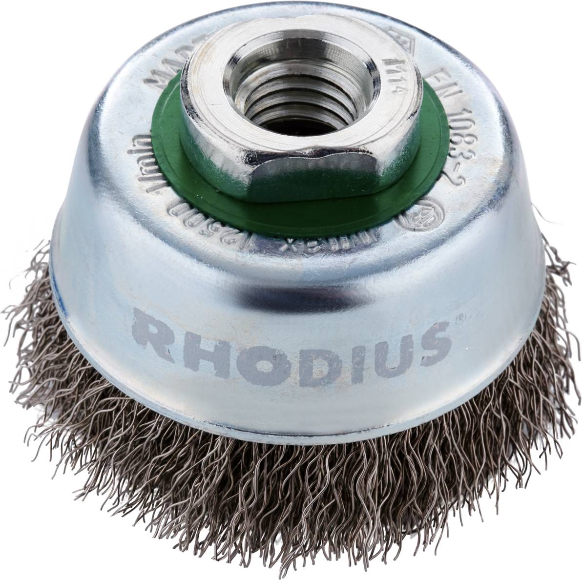 Drahtbürstenteller mit Metallborsten und Aufsatz, markiert mit 'RHODIUS', für den Einsatz mit Elektrowerkzeugen.