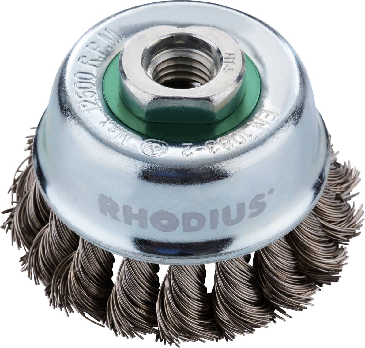 Metallbürstenaufsatz mit verdrehten Drahtborsten und grüner Mitte, textmarkiert mit 'Rhodius'. Verwendet zur Metallreinigung.