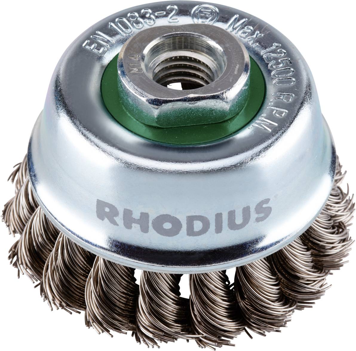 Drahtbürstenaufsatz mit Metallborsten, geeignet für den Einsatz mit Elektrowerkzeugen. Oberseite mit eingeprägtem Markennamen 'RHODIUS'.