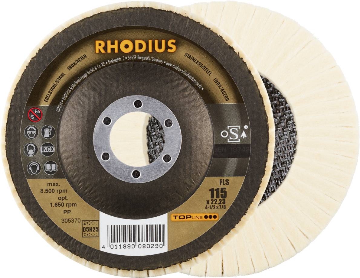 'RHODIUS' Schleifscheibe mit 115 mm Durchmesser, geeignet für Edelstahl und Stahl, max. Drehzahl 8.500 U/min, für Winkelschleifer.