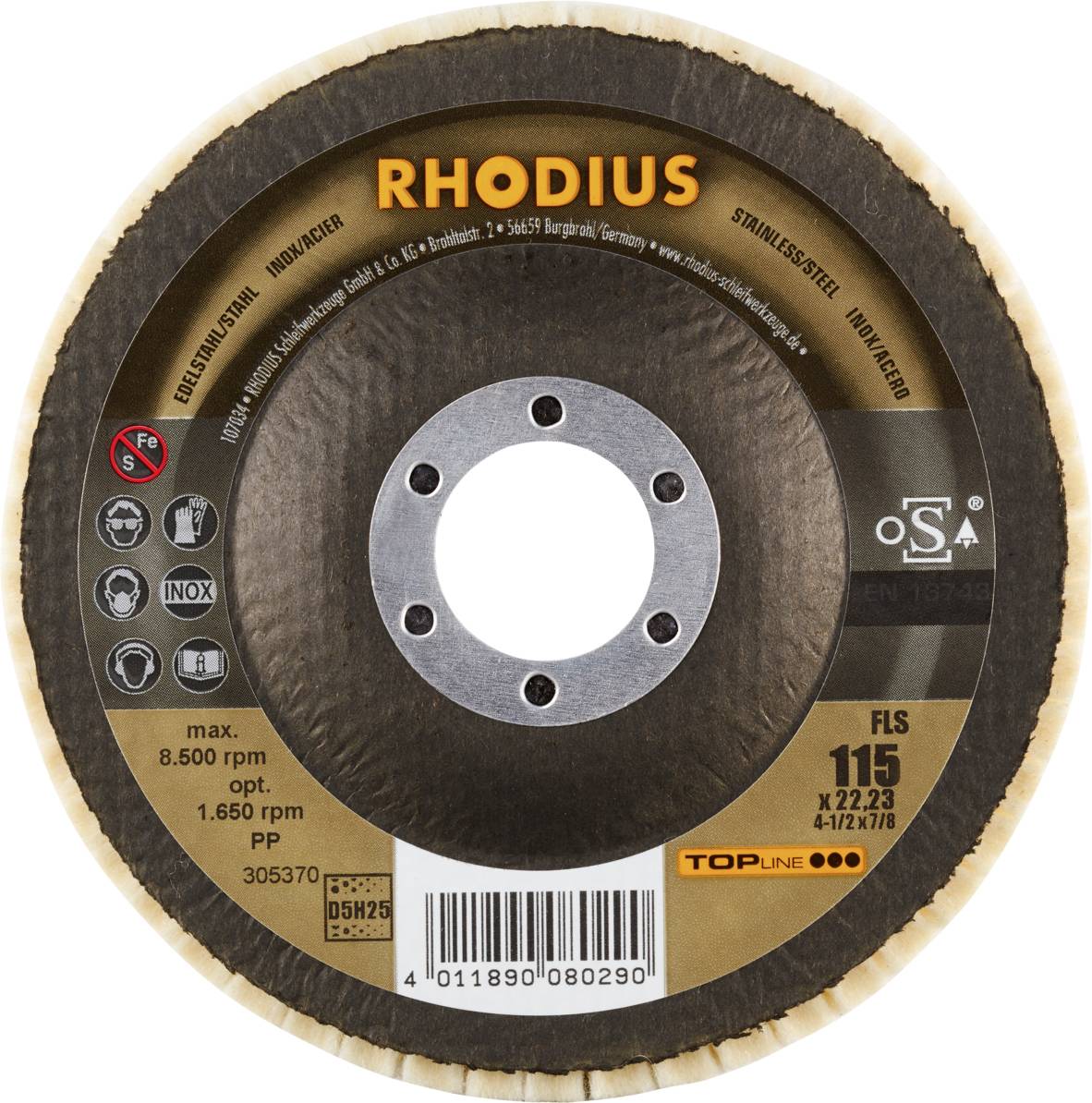 Rhodius FLS, 2 Stück Filzlamellenpolierer 115 x 22,23 mm, TOPline, Made in Germany, für Edelstahl, Stahl, NE-Metalle 305370