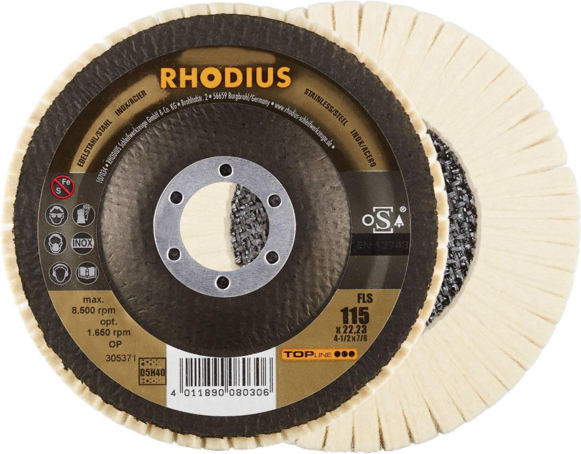 Schleifscheibe mit Beschriftung 'RHODIUS'. Geeignet für Edelstahl und Stahl. Durchmesser 115 mm. max. Drehzahl 8.500 U/min.