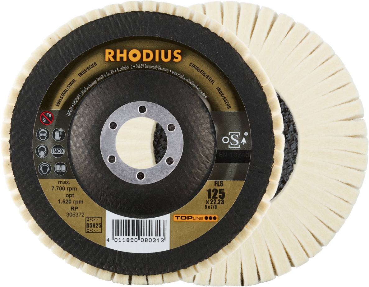 Rhodius FLS, 2 Stück Filzlamellenpolierer 125 x 22,23 mm, TOPline, Made in Germany, für Edelstahl, Stahl, NE-Metalle 305372
