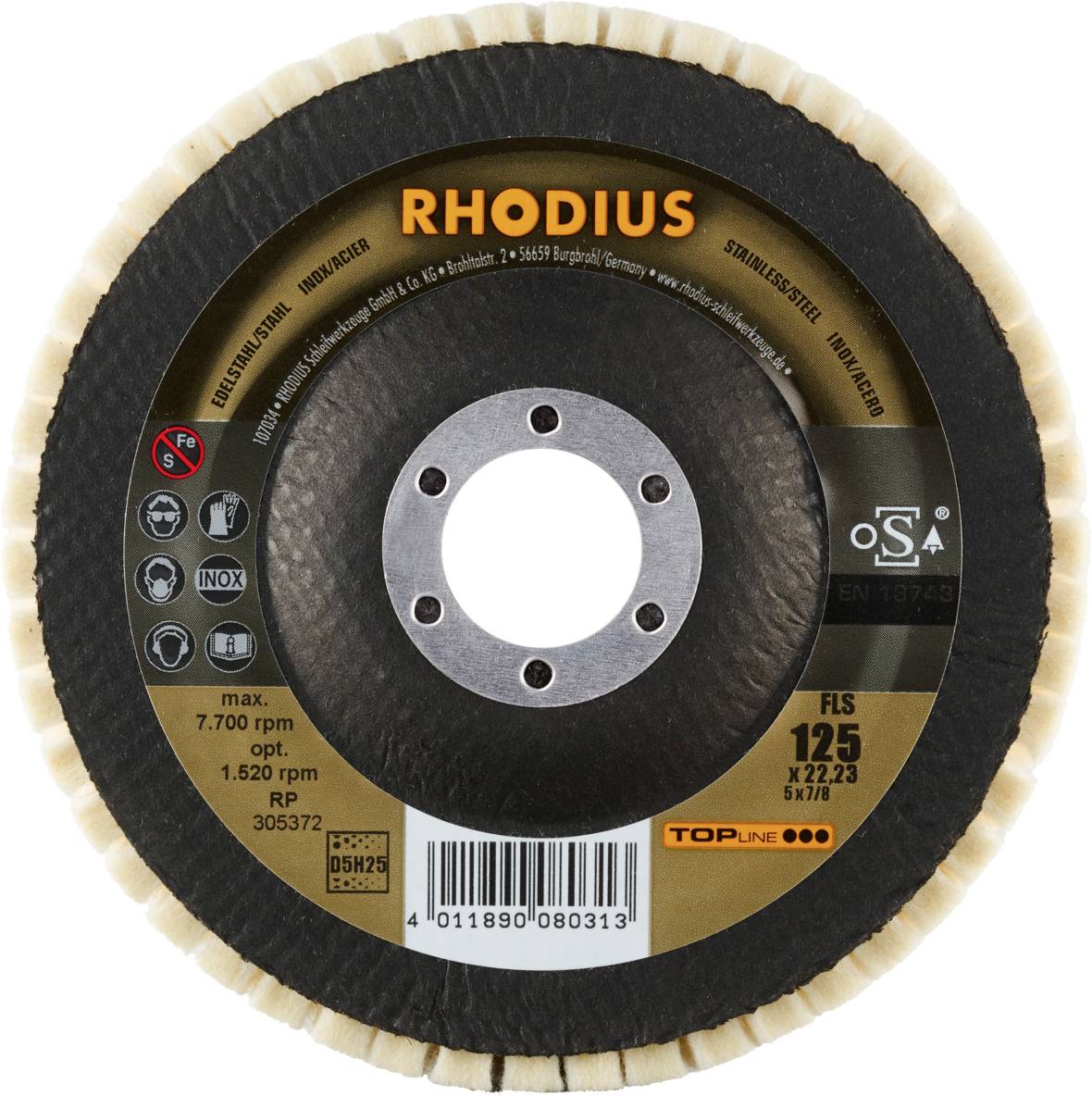 Rhodius FLS, 2 Stück Filzlamellenpolierer 125 x 22,23 mm, TOPline, Made in Germany, für Edelstahl, Stahl, NE-Metalle 305372