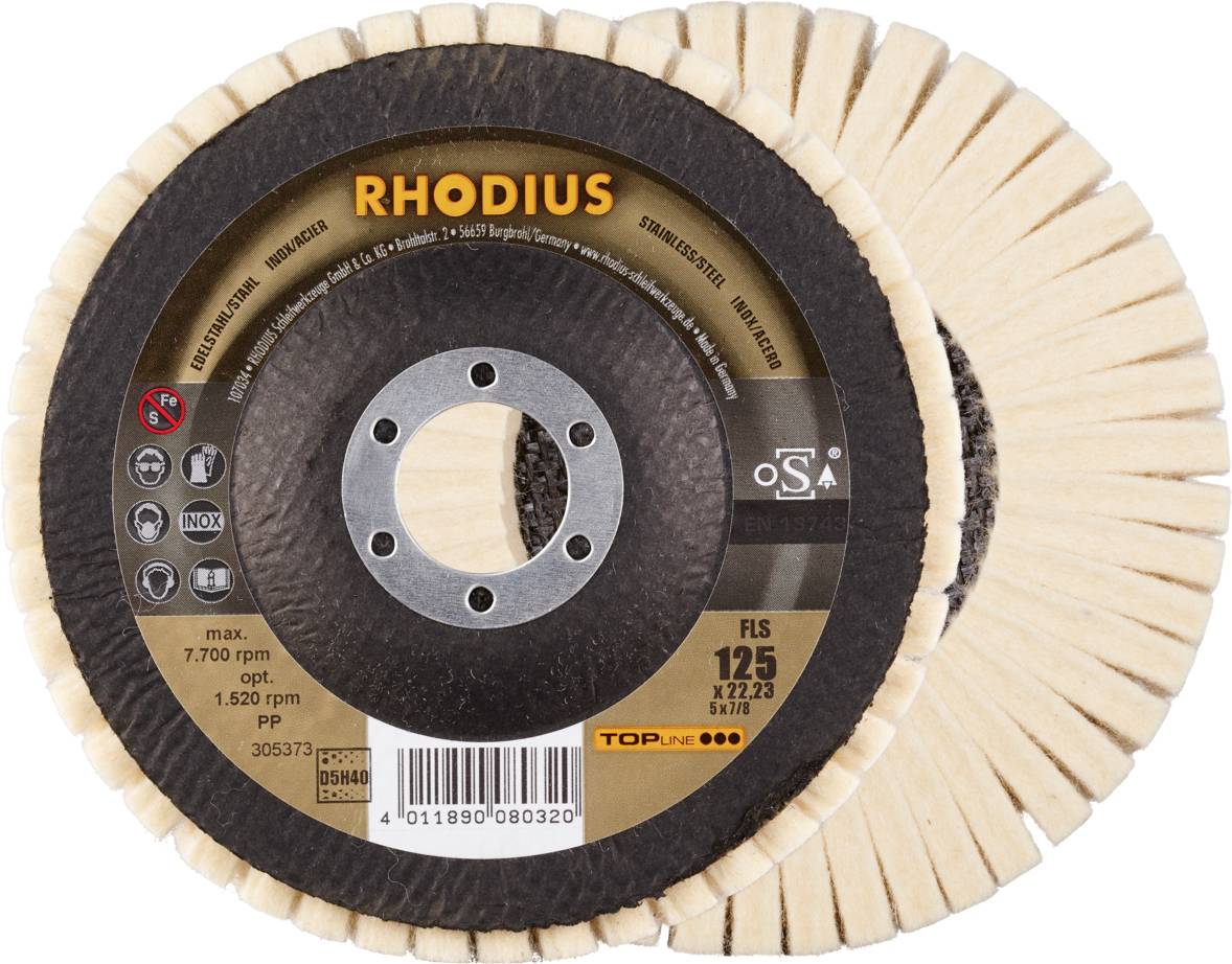 'RHODIUS' Schleifscheiben für Edelstahl und Stahl, 125 mm Durchmesser, mit 7.700 U/min und 1.520 U/min maximaler Drehzahl.