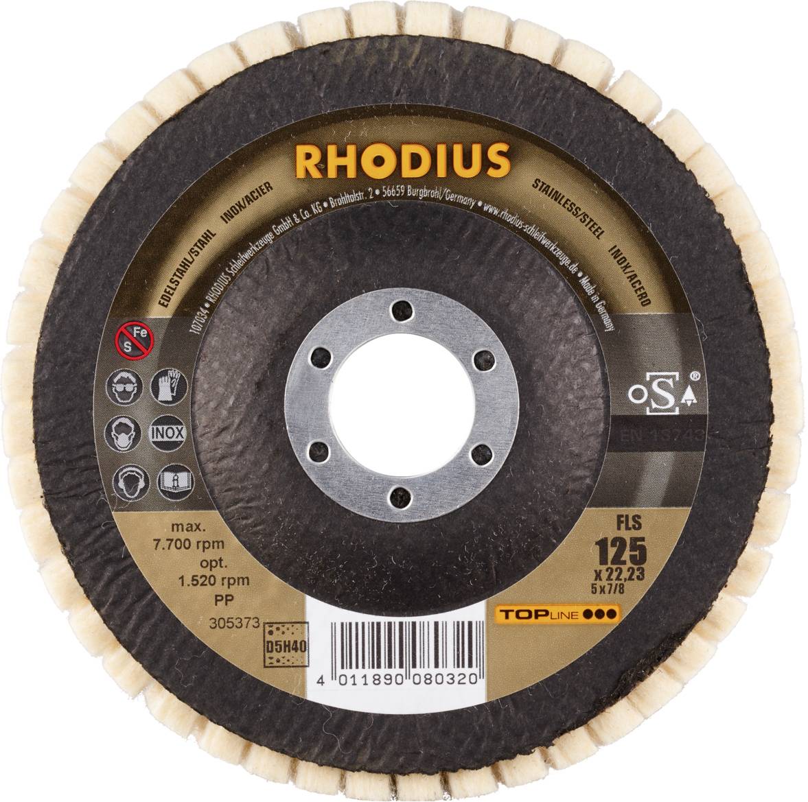 Rhodius FLS, 2 Stück Filzlamellenpolierer 125 x 22,23 mm, TOPline, Made in Germany, für Edelstahl, Stahl, NE-Metalle 305373