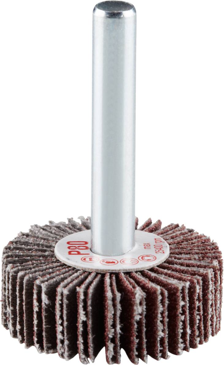 Ein Schleifaufsatz mit Schleiflamellen auf einem Metallschaft, geeignet für Bohrmaschinen und zum Glätten von Oberflächen.