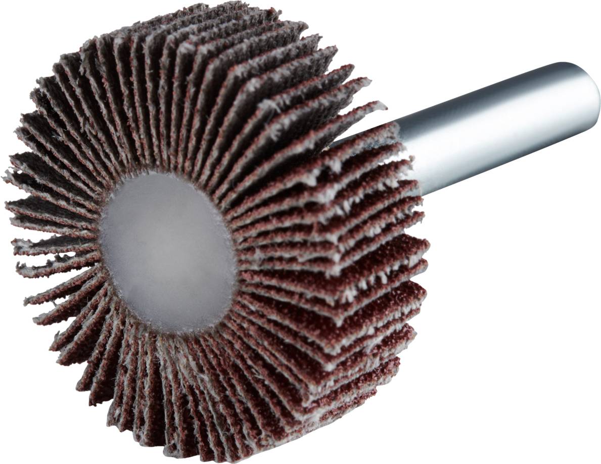 Schleifmopprad mit Metallhalterung, radial angeordneten Schleiflamellen zur Oberflächenbearbeitung und Materialabtrag.