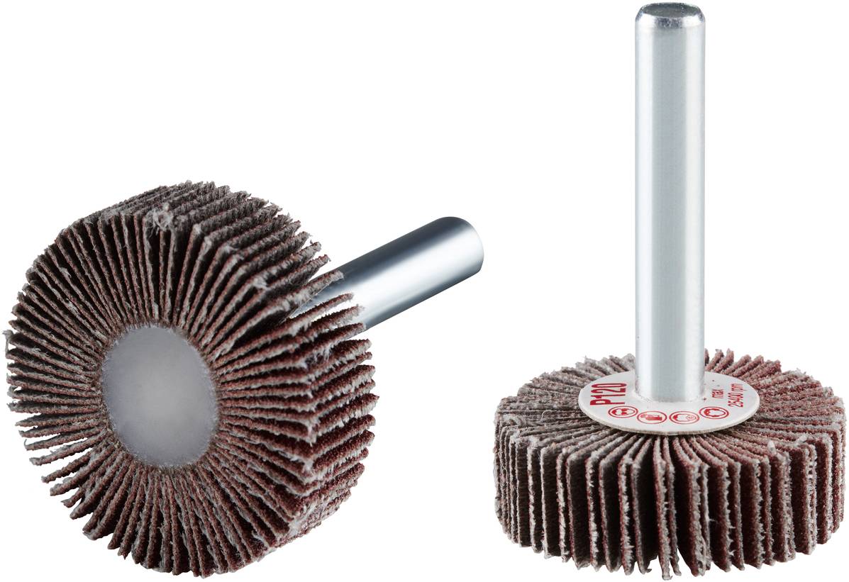 Zwei Schleifräder mit Lamellen, die an einem zylindrischen Stab befestigt sind. Geeignet für feinere Oberflächenbearbeitung.