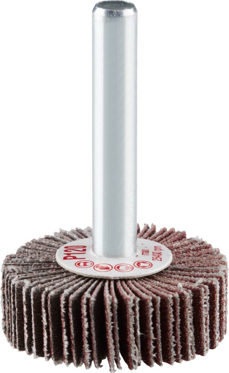 Schleifwerkzeug mit rot-braunen Lamellen um einen Metallstab, verwendet zum Glätten und Polieren von Oberflächen in Handwerk oder Industrie.