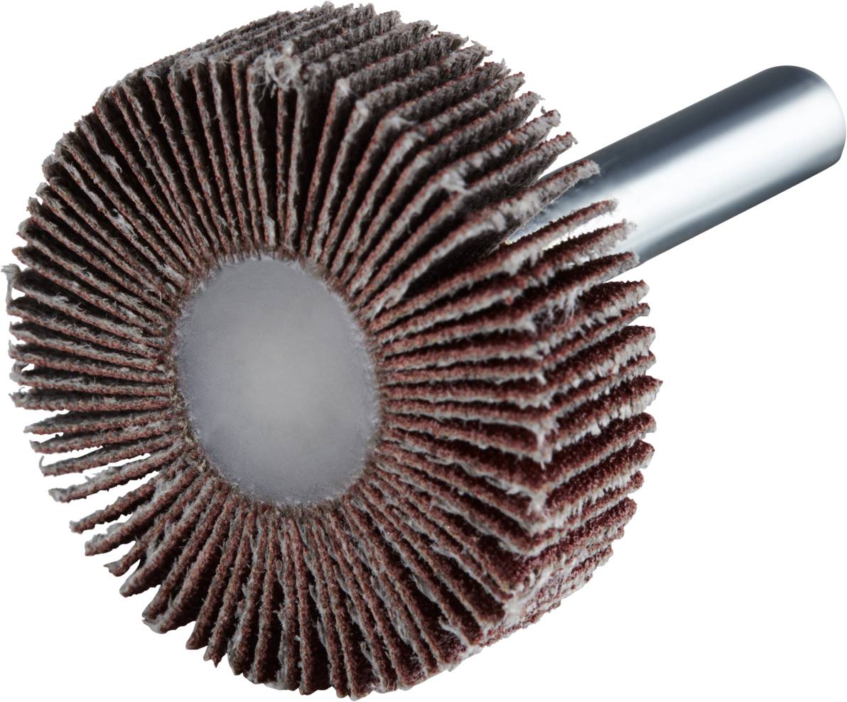 Eine runde Schleifscheibe mit vielen Fächern an einem Metallstab, verwendet zum Polieren oder Schleifen von Oberflächen.