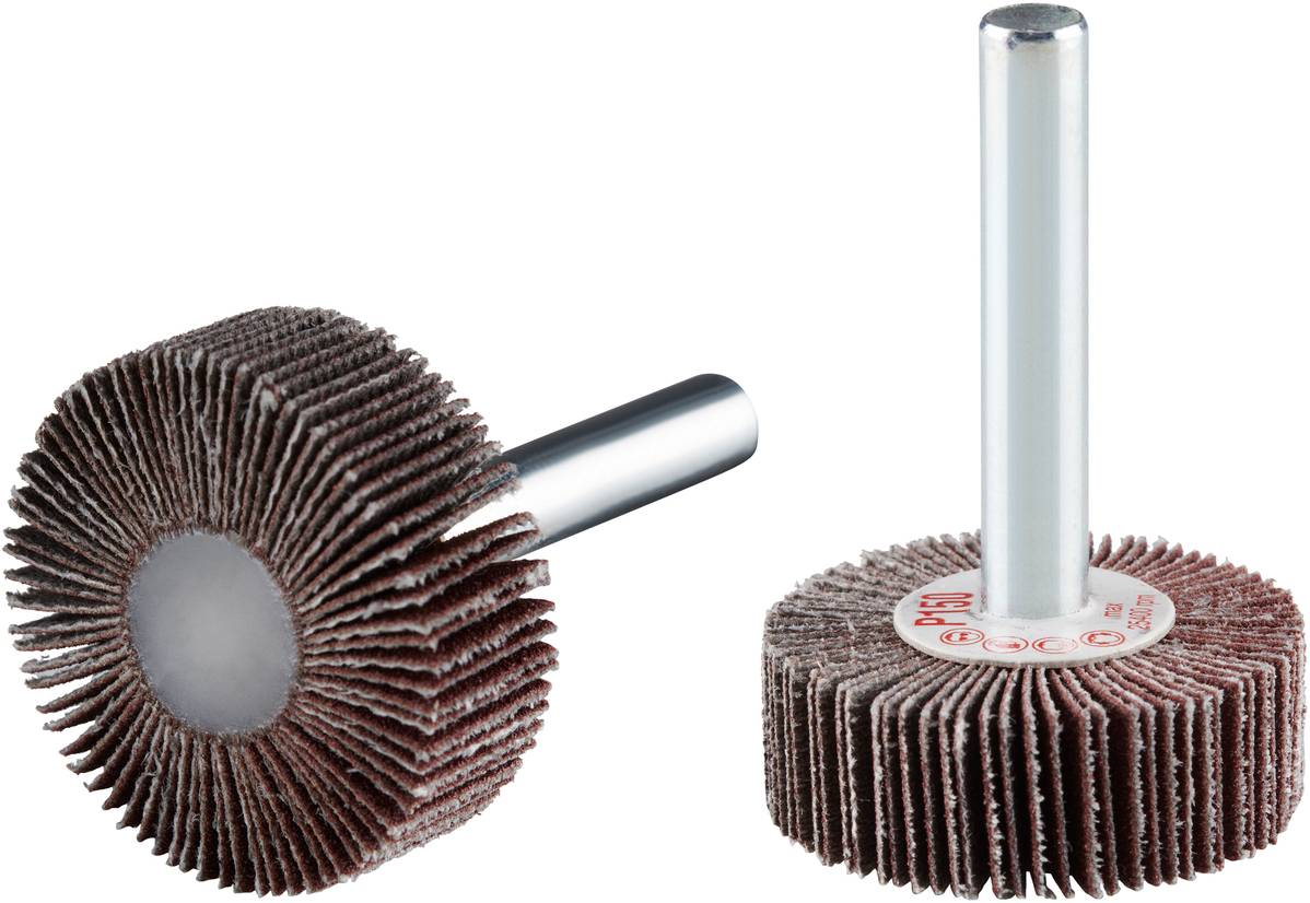 Zwei Schleiflamellenräder mit Metallschaft, zur Oberflächenbearbeitung verwendet. Sie sind braun und zylindrisch geformt.