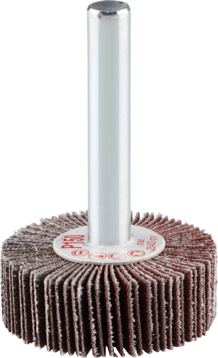 Schleifmop mit Metallstift und radialen Schleifscheiben, geeignet zum Polieren und Entgraten von Werkstücken in Metallverarbeitung.