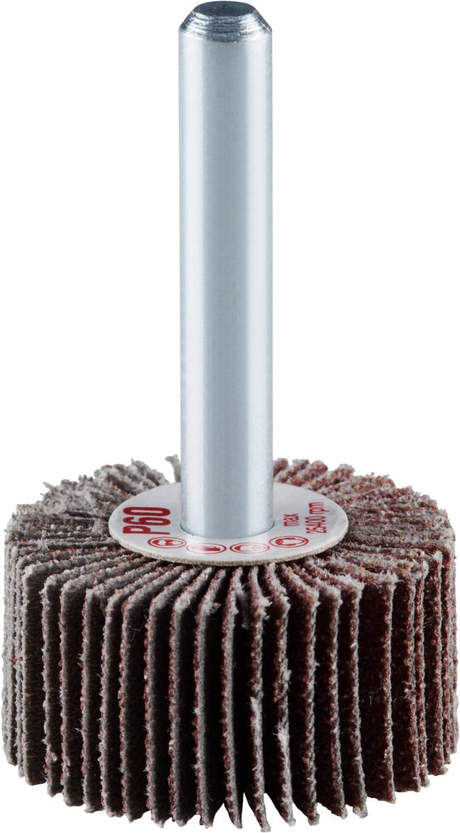 Schleiflamellenrad mit Schaft, für das Bearbeiten von Metalloberflächen.