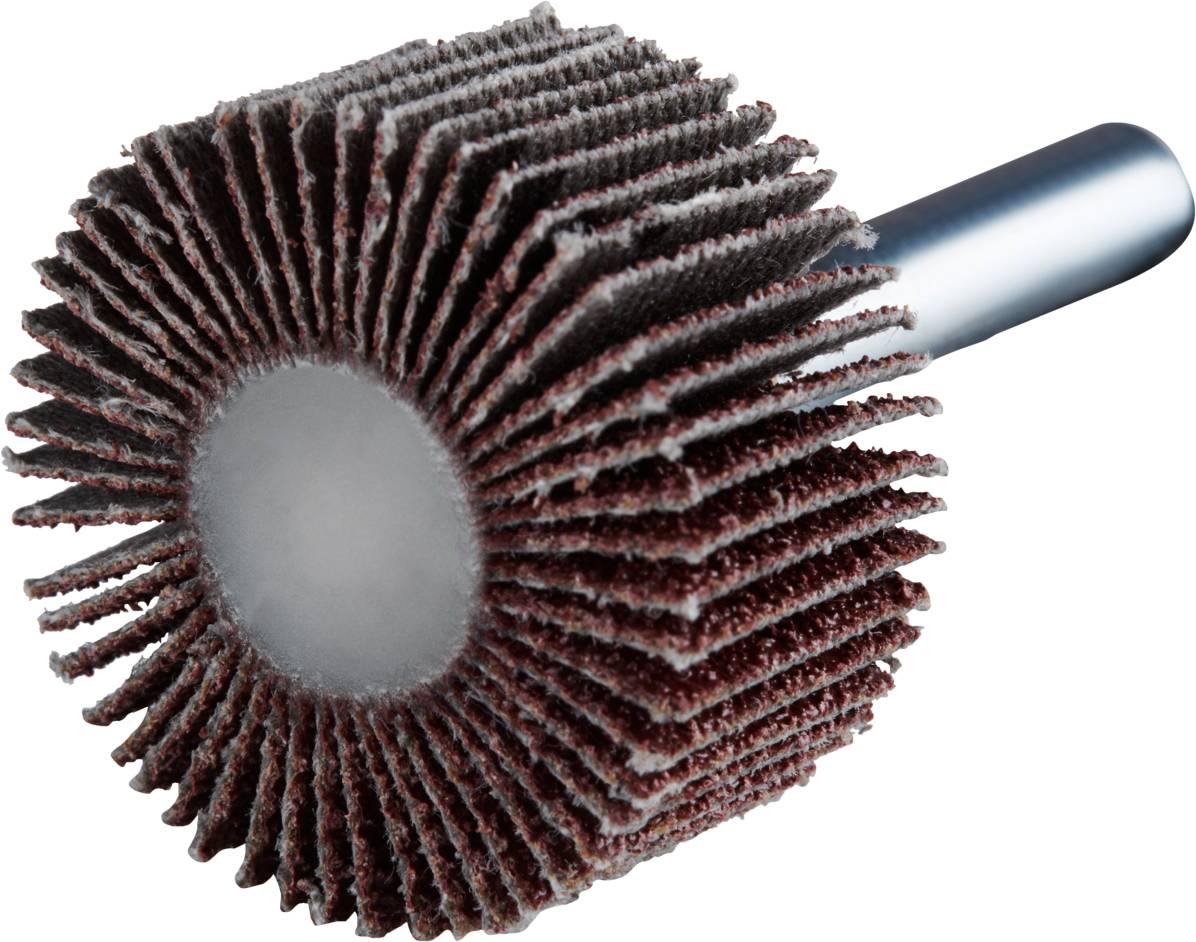 Ein Schleifaufsatz mit mehreren Lamellen aus abrasivem Material, montiert auf einem Metallstift, zur Oberflächenbearbeitung.