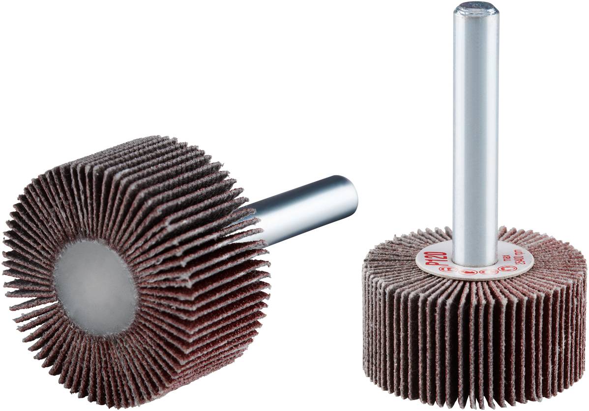 Zwei Schleiflampen mit Lamellen aus Schleifpapier auf Metallstiften zum Einsatz in Bohrmaschinen.