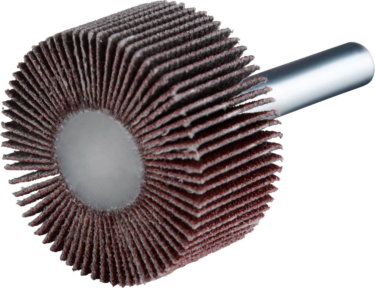 Schleifaufsatz mit flachen, gefächerten Schleifblättern. Verwendet zum Glätten von Oberflächen in handwerklichen oder industriellen Anwendungen.