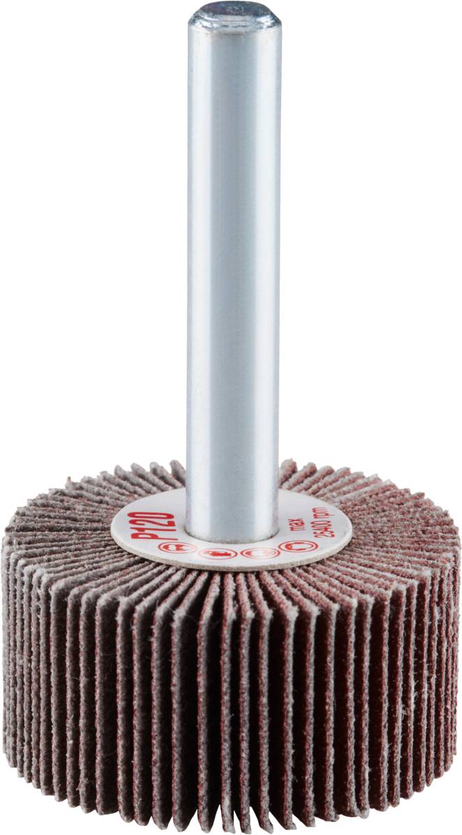 Eine rotbraune Schleiflamellenbürste mit silbernem Schaft, geeignet für präzises Schleifen und Polieren.