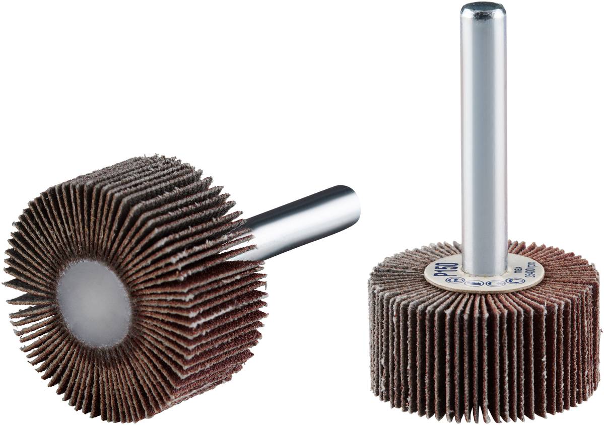 Zwei Schleifscheiben, eine aufrecht stehend, die andere liegend. Beide haben einen Metallgriff und fächerförmige, braune Schleifblätter.