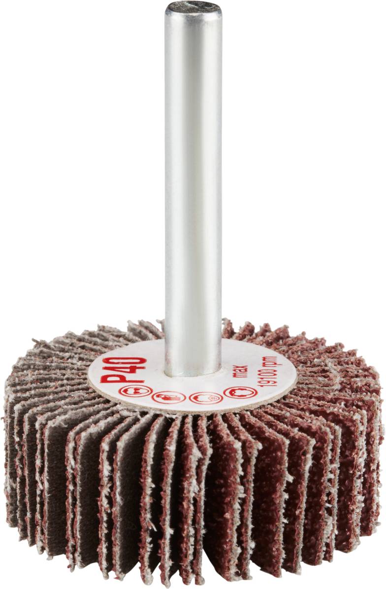 Schleifmop mit Metallschaft, bestehend aus gestapelten Schleifblättern für das Polieren und Schleifen von Materialien.