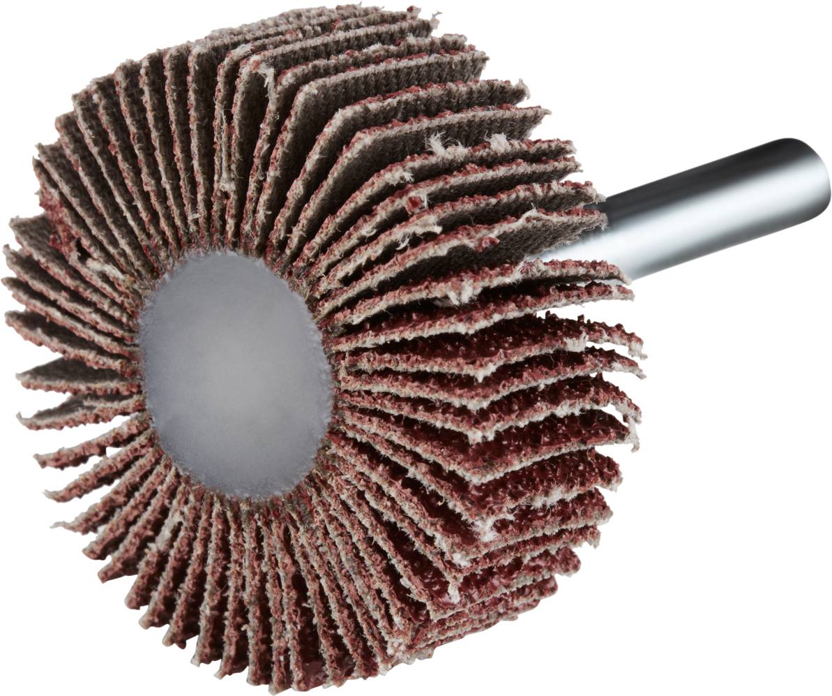 Schleifstift mit radialen Schleiflamellen aus Schleifpapier, montiert auf einem Metallstift, zur Bearbeitung von Oberflächen.