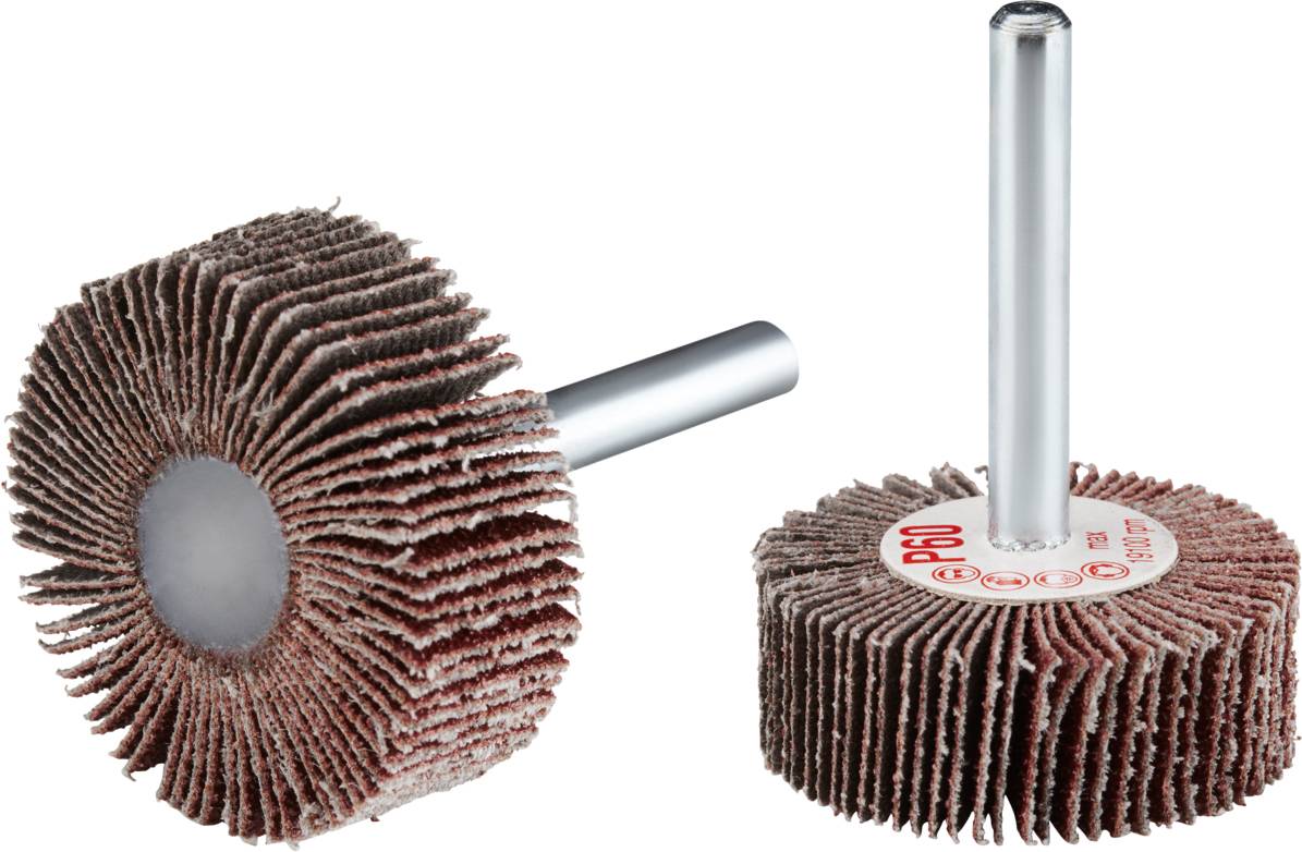 Zwei Schleifaufsätze mit rotbraunen Schleifblättern und silbernen Schäften, geeignet für Bohrmaschinen zum Glätten von Oberflächen.