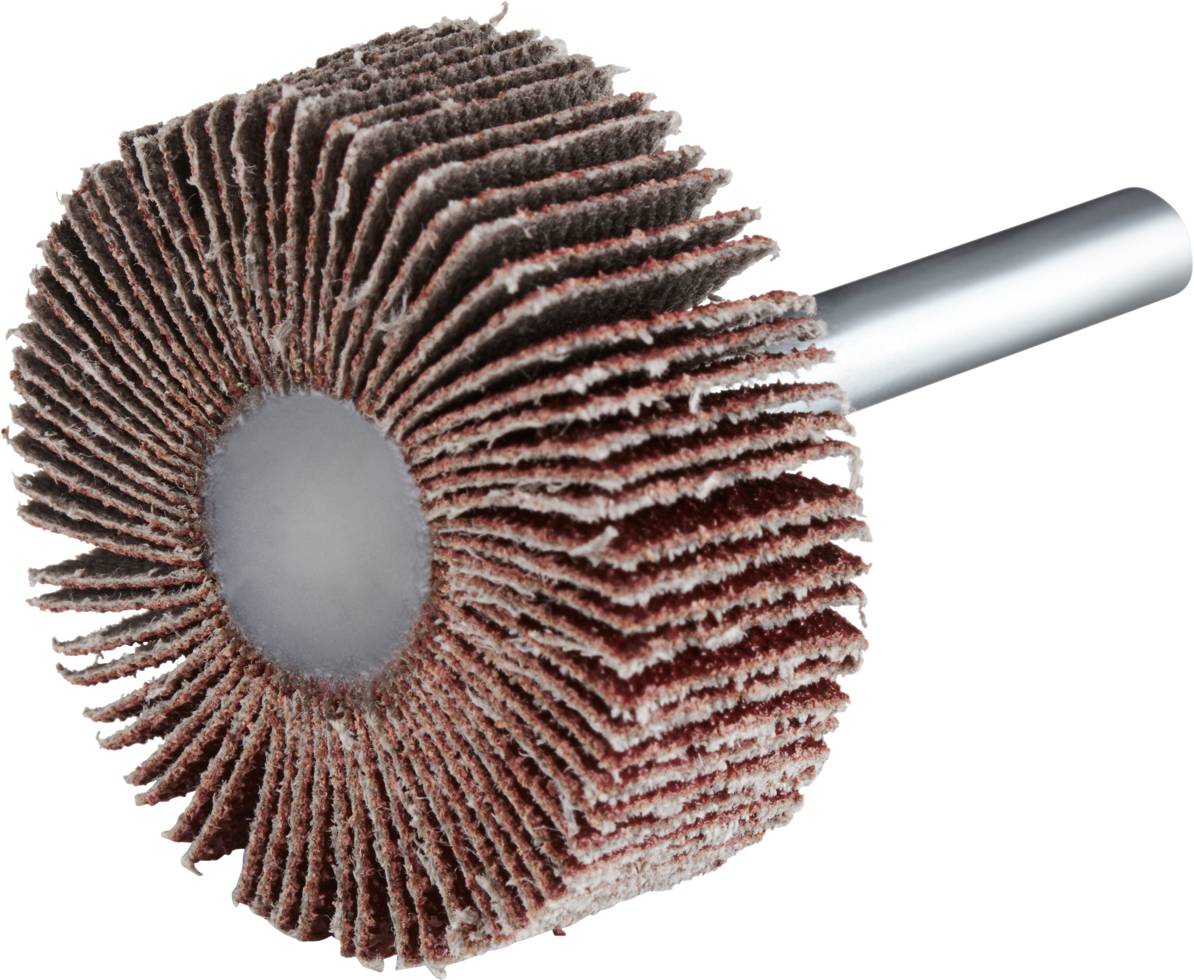 Ein Schleifaufsatz mit vielen Schichten Schleifpapier auf einer Metallwelle, verwendet zum Schleifen und Polieren von Oberflächen.