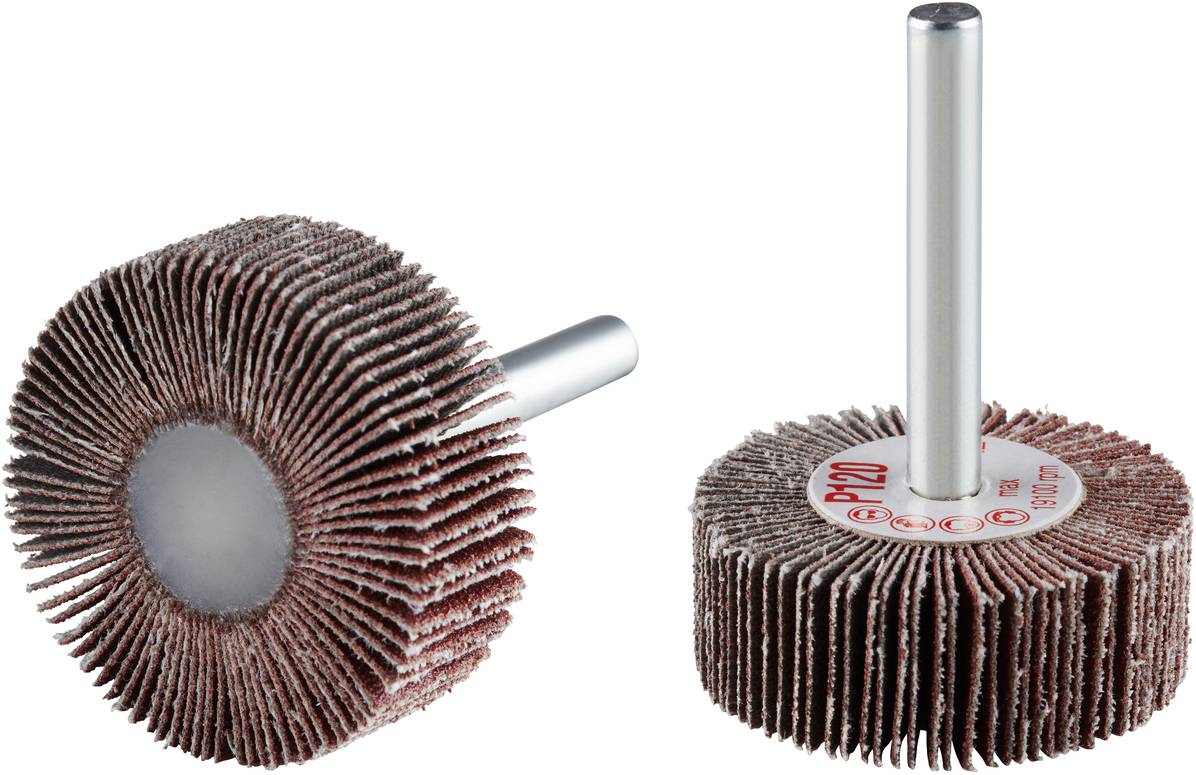 Zwei Schleifräder mit Lamellenstruktur und Metallstift, ideal zur Feinbearbeitung und Oberflächenglättung von Materialien.