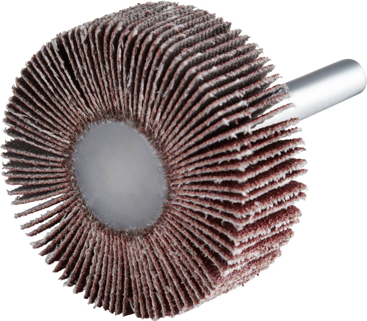 Ein rotbrauner Schleifaufsatz in Radform mit Metallstift, genutzt zum Polieren oder Schleifen von Oberflächen.