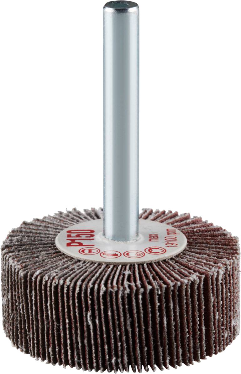 Ein Schleifaufsatz aus mehreren Schleifscheiben auf einem Metallstift, geeignet zum Polieren und Abtragen von Materialien.