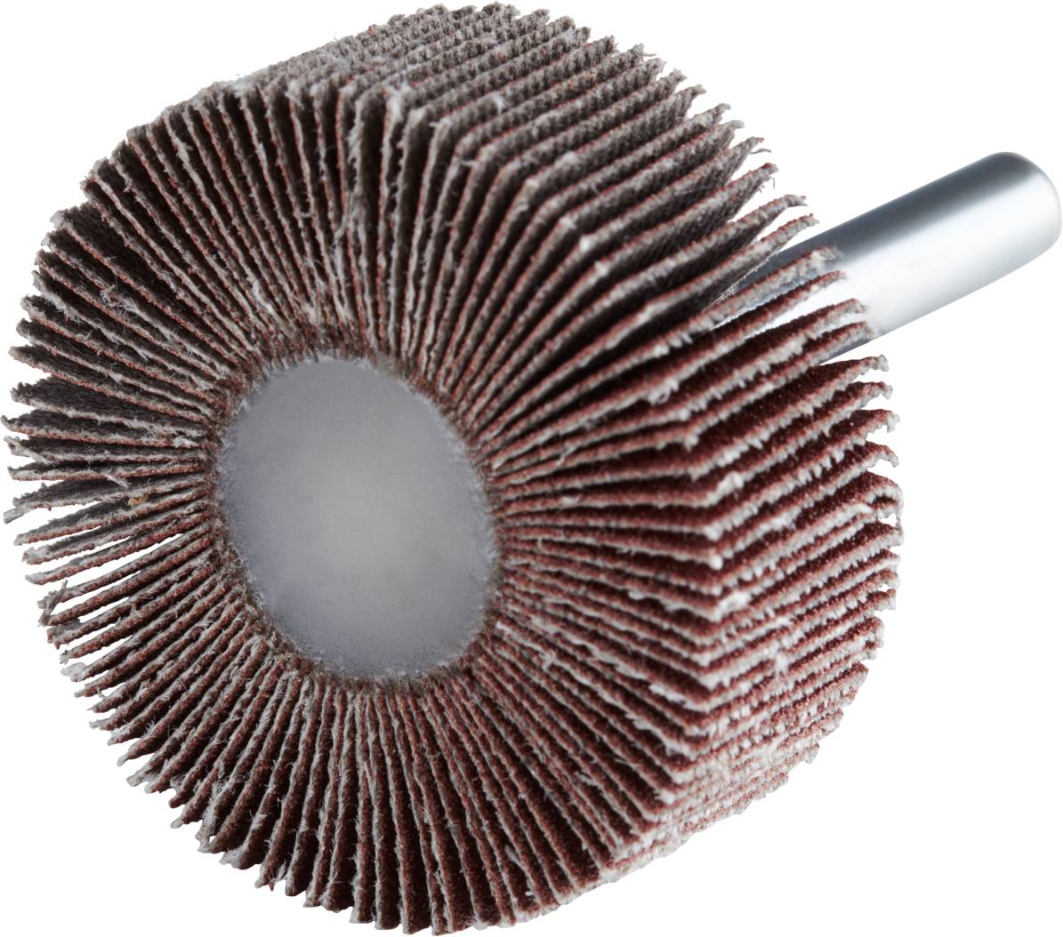 Schleiflamellenrad mit Metallstift, verwendet für Oberflächenbearbeitung und Polieren von Werkstoffen.