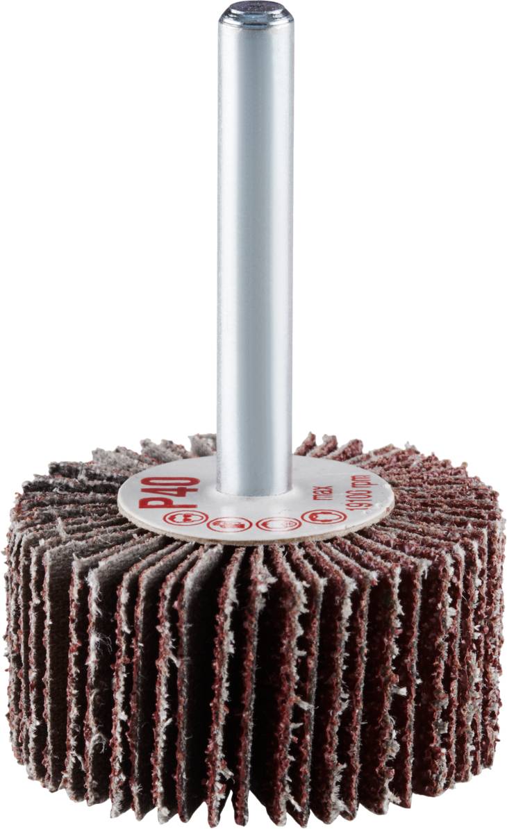 Schleiflamellenrad mit Metallschaft, eignet sich für Polierarbeiten und Oberflächenbearbeitung, grobe Körnung, dunkle Lamellen.