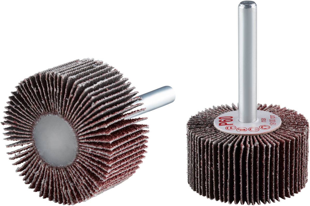 Zwei Lamellen-Schleifaufsätze mit Metallstiften, ideal für präzises Schleifen und Polieren in der Werkstatt.