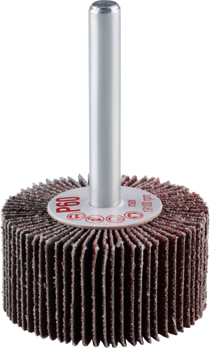 Schleifmop mit Schaft, bestehend aus vielen Schleifscheiben in Fächerform befestigt, hauptsächlich zur Metalloberflächenbearbeitung.