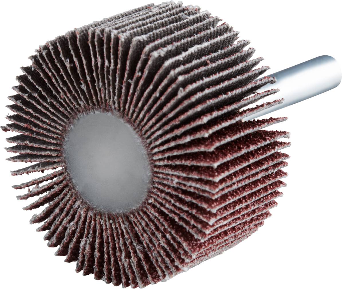 Schleifwerkzeug mit radial angeordneten Schleiflamellen auf einem zylindrischen Metallstift. Verwendet für das Polieren oder Schleifen von Oberflächen.