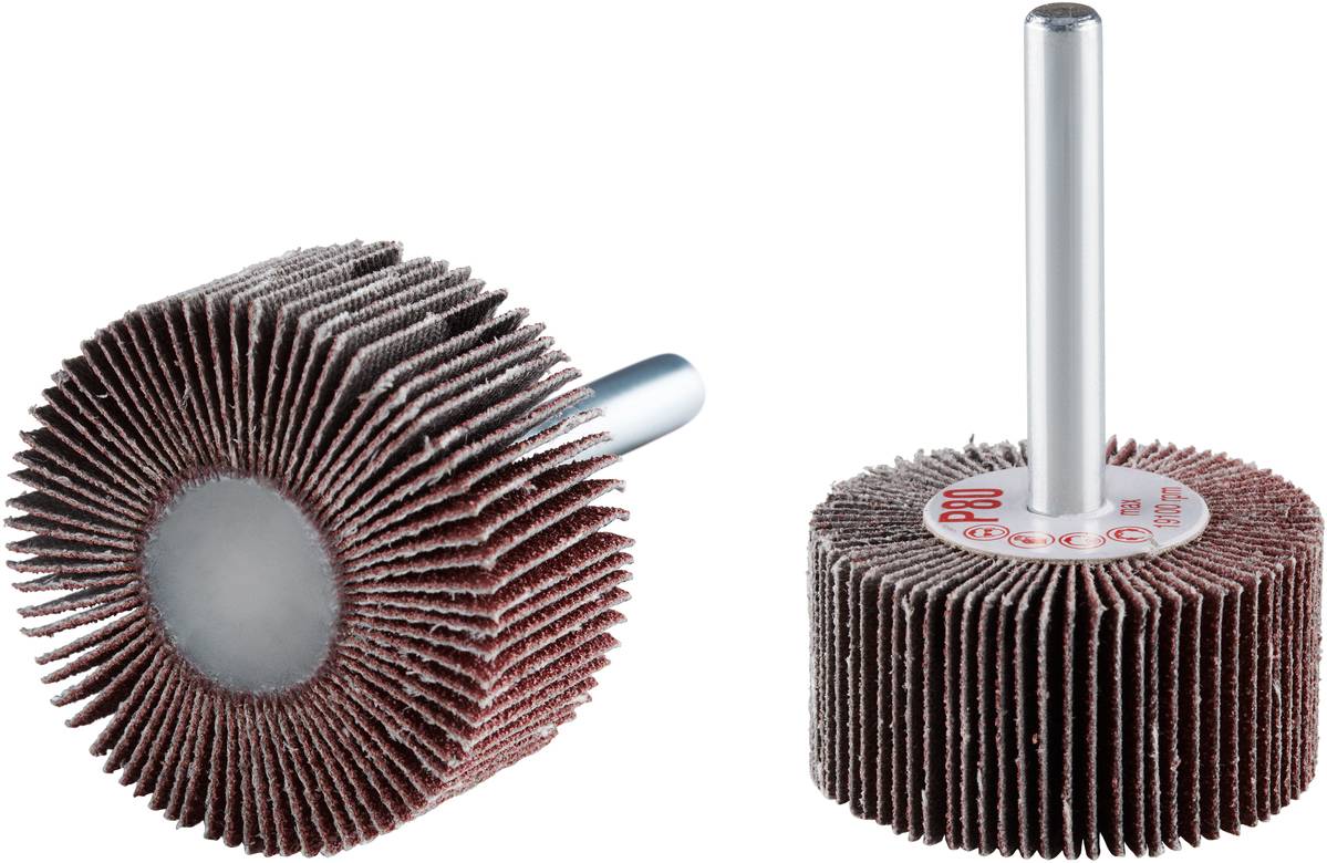 Schleifmittel mit Schleifkörper aus Lamellen auf Metallstab, verwendet zum Polieren und Feinschleifen von Oberflächen.