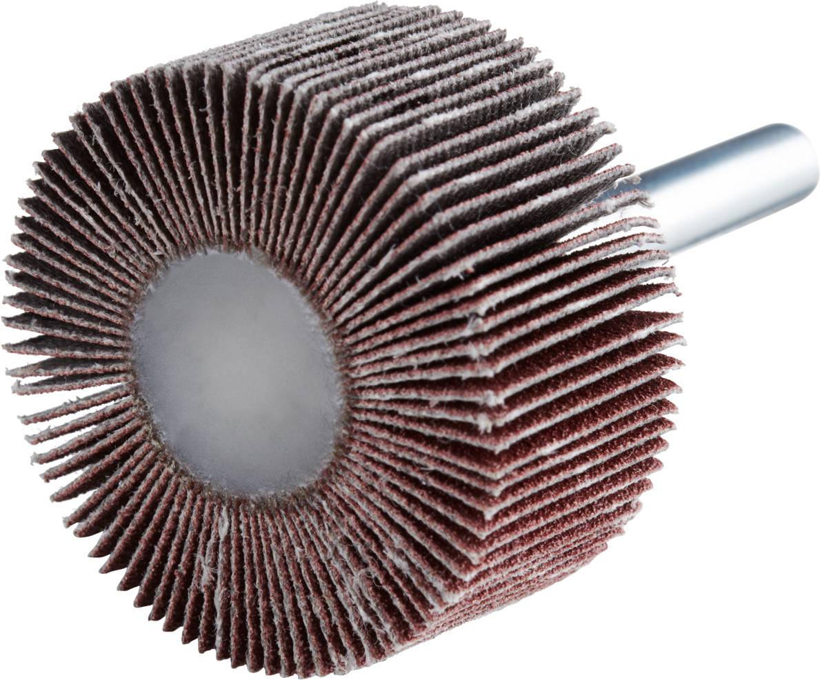 Schleifmop mit rotbraunen Lamellen und Metallstab, geeignet für das Polieren und Schleifen von Oberflächen.