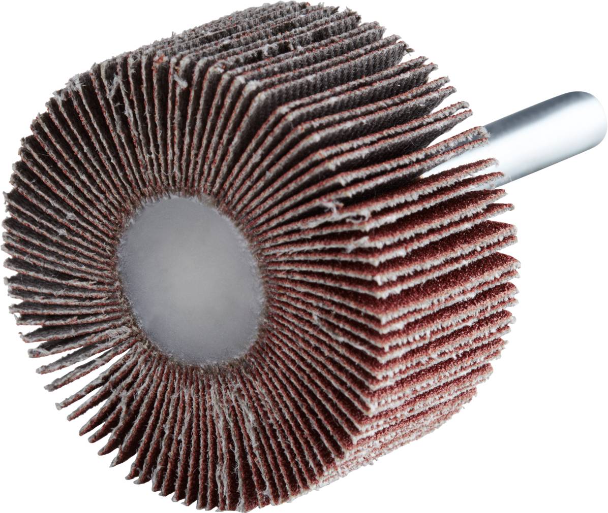 Ein rotbrauner Lamellen-Schleifaufsatz mit zylindrischem Metallschaft, verwendet für das Schleifen von Oberflächen in Werkzeugmaschinen.