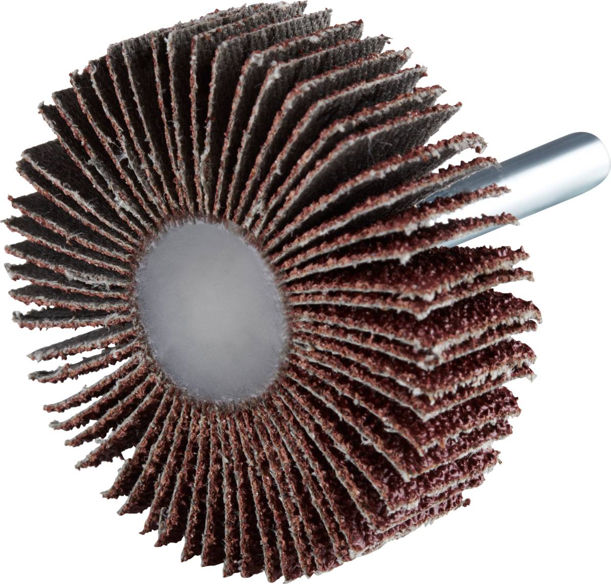 Ein Schleifaufsatz mit mehreren Schichten aus grobem Schleifpapier, montiert auf einem Metallstift. Ideal für präzise Schleifarbeiten.