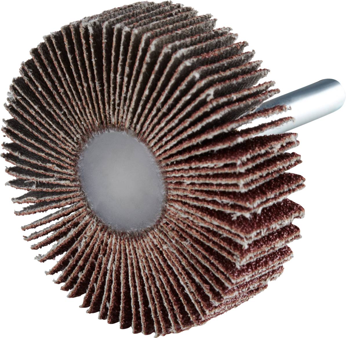 Ein Flap-Wheel-Schleifwerkzeug mit radial angeordneten Schleifblättern und einem Metallstift zum Befestigen an einem Schleifgerät.