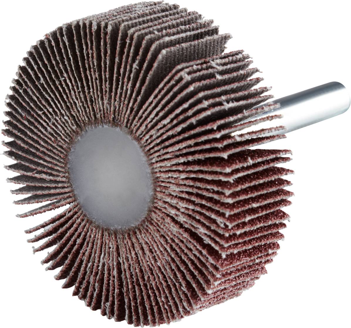 Schleifaufsatz aus Fächerlamellen für einen Bohrer, aus braunem Schleifmaterial, geeignet zum Glätten und Polieren von Oberflächen.