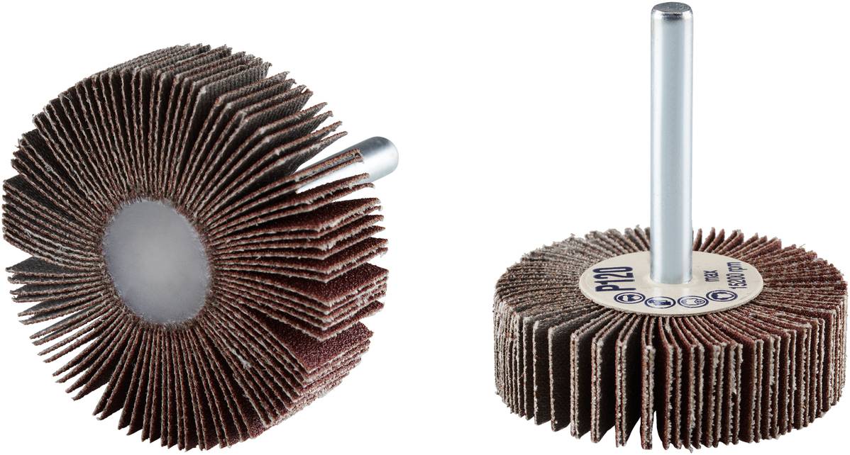 Zwei Schleifräder aus Schleifpapier, eines von oben und eines seitlich, mit Metallstift in der Mitte.