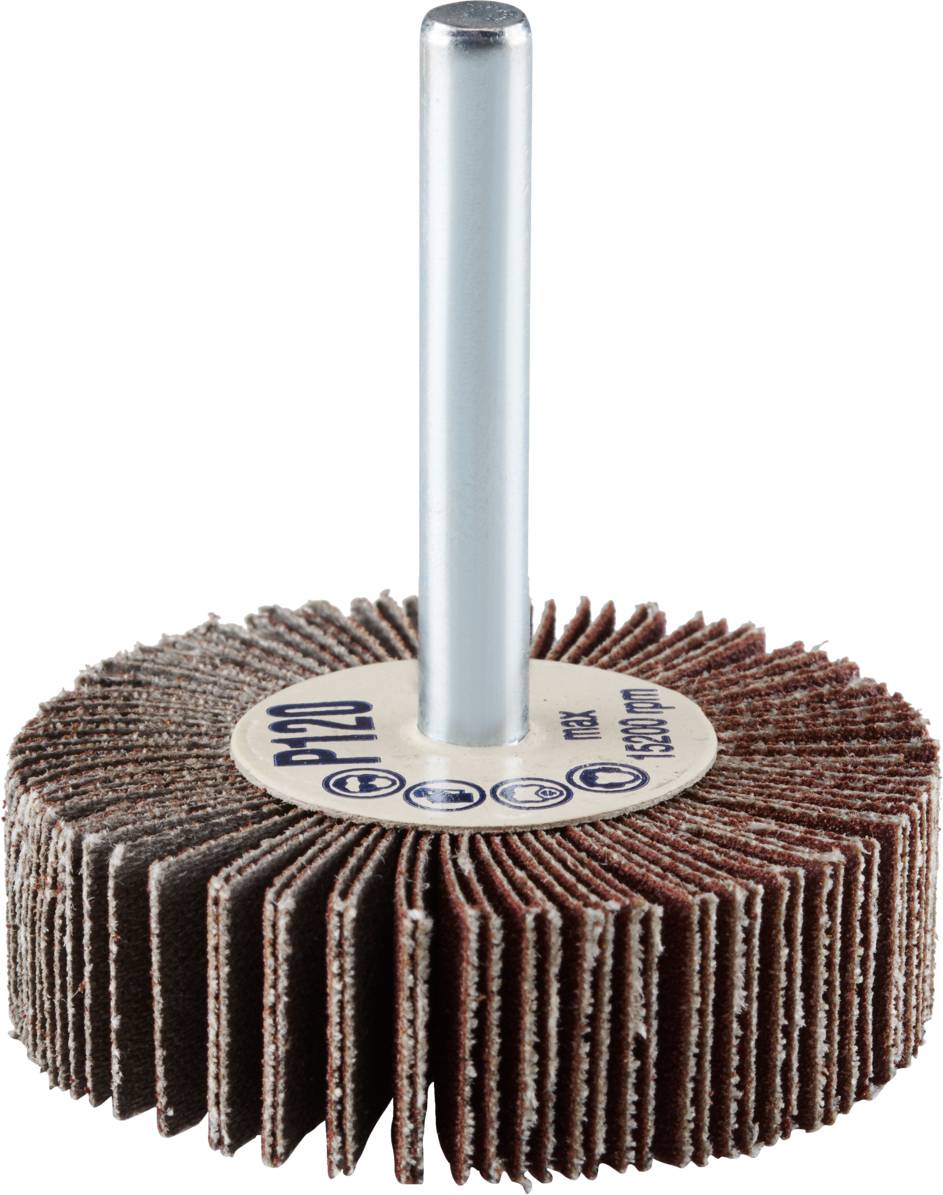 Schleifkopf mit Lamellenstruktur, geeignet zum Schleifen und Polieren. Silberner Schaft mit braunen Schleifflächen.