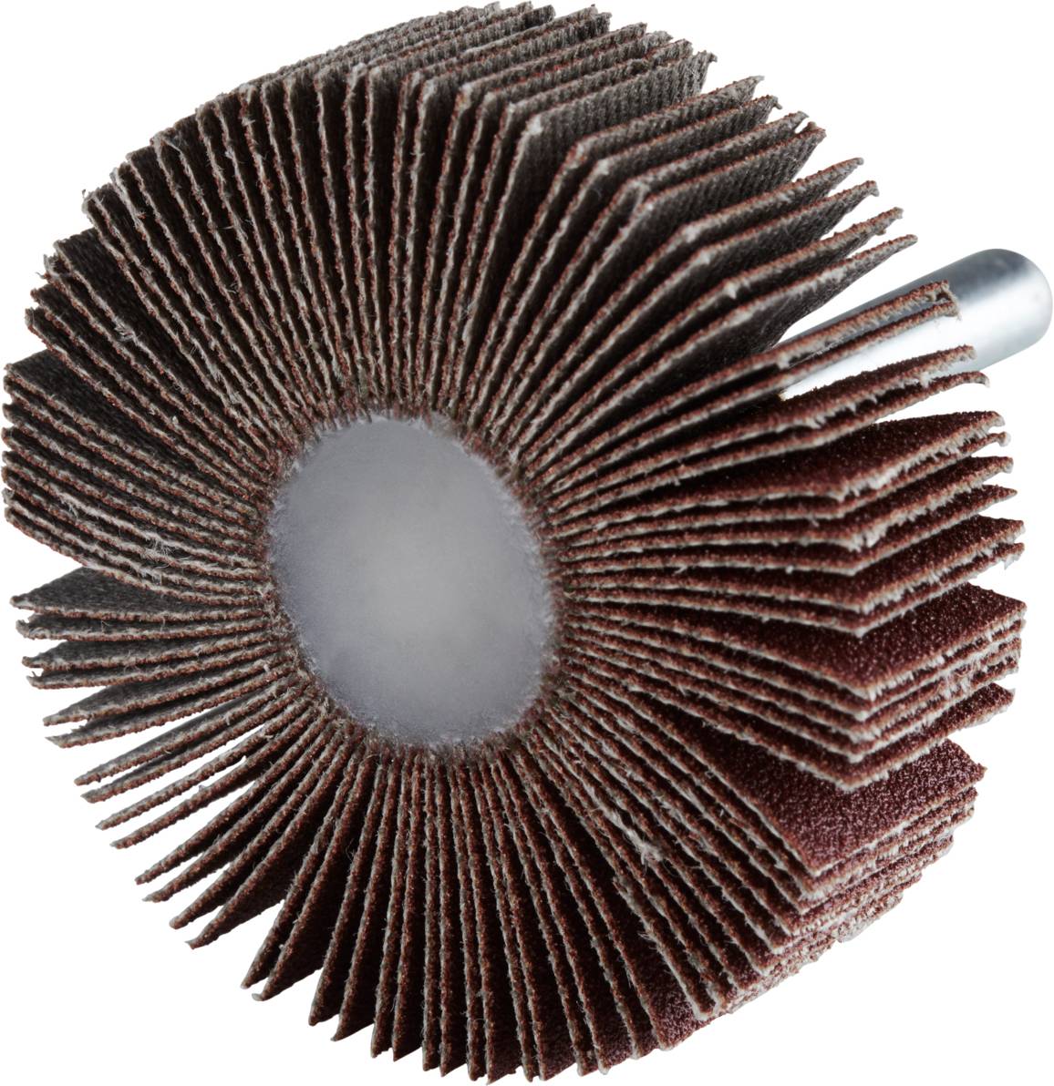Ein rotbrauner Schleifaufsatz mit mehreren Lamellen für eine Bohrmaschine oder einen Winkelschleifer.
