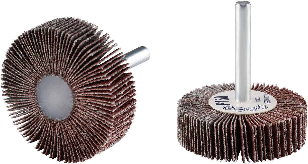 Zwei Schleifwalzen mit Lamellen aus Schleifpapier, montiert auf einer Metallstange. Sie dienen zum Oberflächenschleifen.